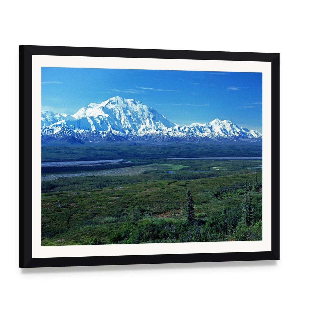Mt Mckinley and Meandering Lake Canvas Wall Art, framed print with white mat and black frame, angled product view