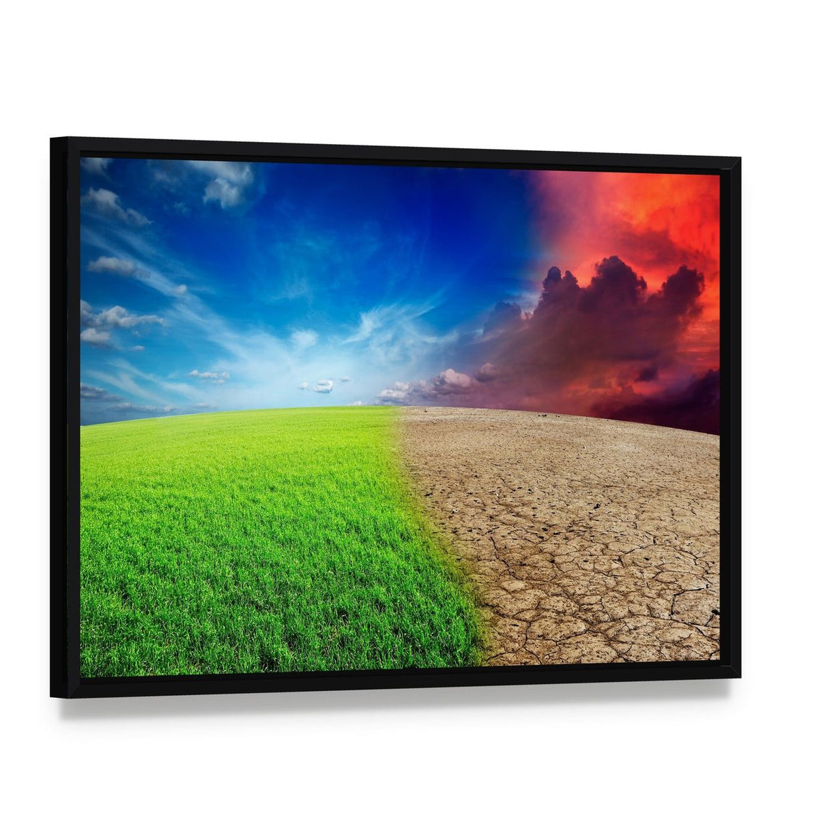 Contrasting Landscape of Climate Change Canvas Wall Art, framed canvas in a black floater frame, angled product view