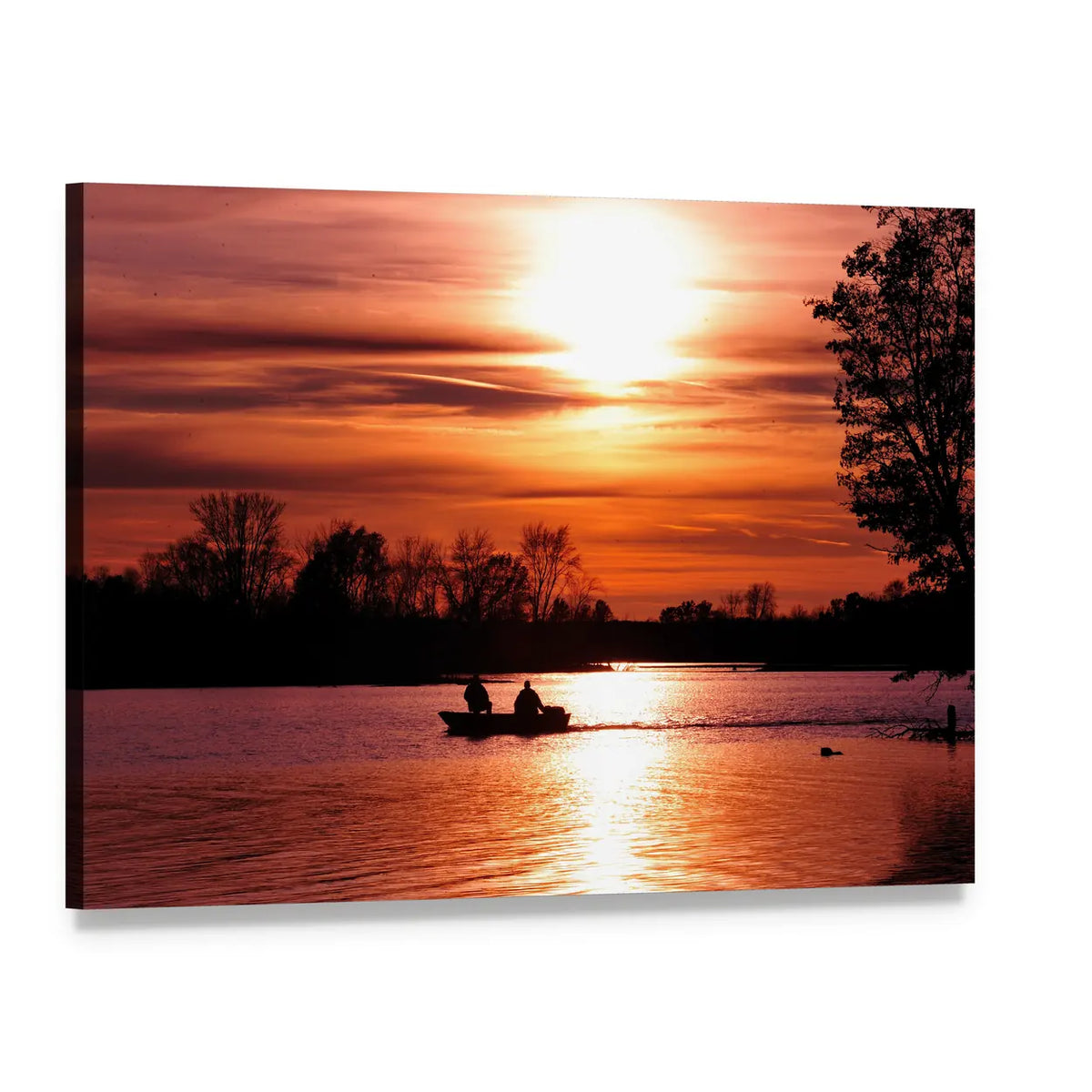 Sunset Fishing Boat Silhouettes Canvas Wall Art, single panel gallery wrapped canvas, angled product view