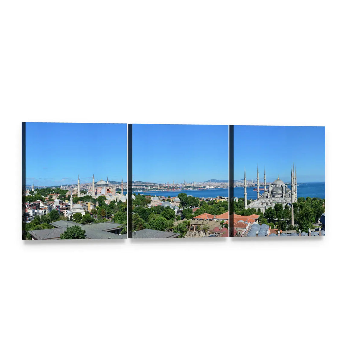 Hagia Sophia Over Istanbul Skyline Panoramic Canvas Wall Art, 3 panel 3 Piece layout gallery wrapped canvas set, angled product view
