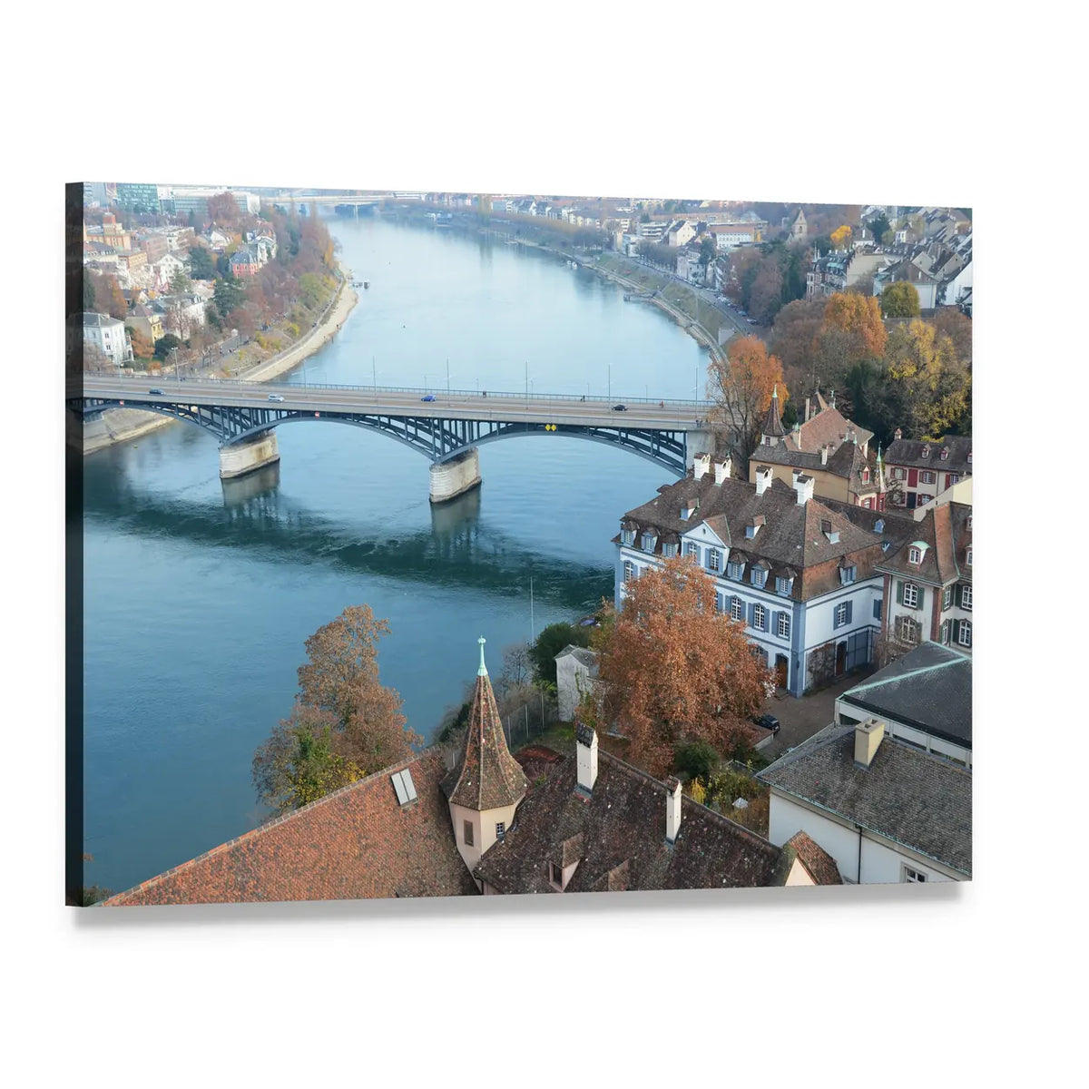 Basel Riverside with Arched Bridge Canvas Wall Art, single panel gallery wrapped canvas, angled product view