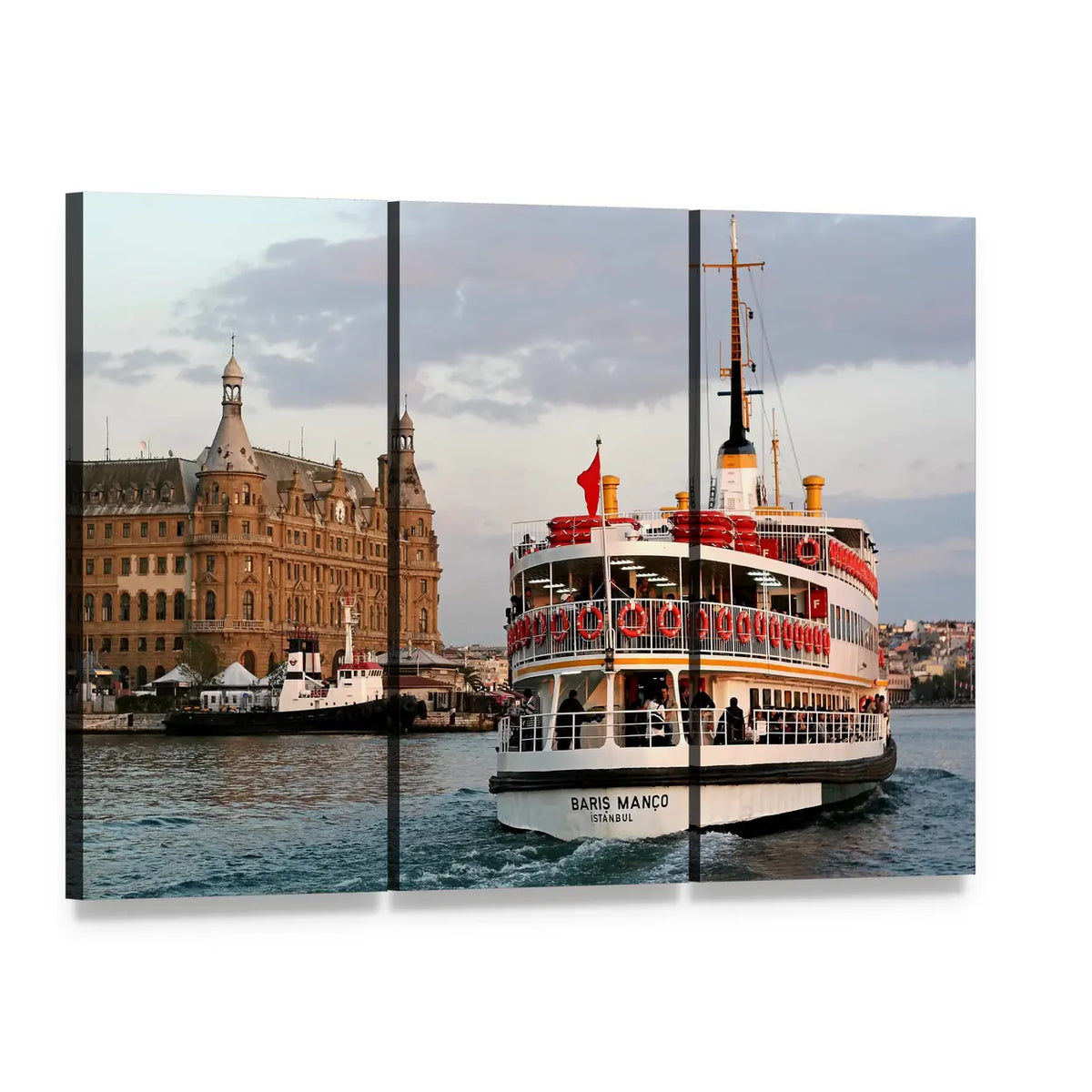 Sailing Into Haydarpasa, Istanbul Canvas Wall Art, 3 panel 3 Horizontal layout gallery wrapped canvas set, angled product view