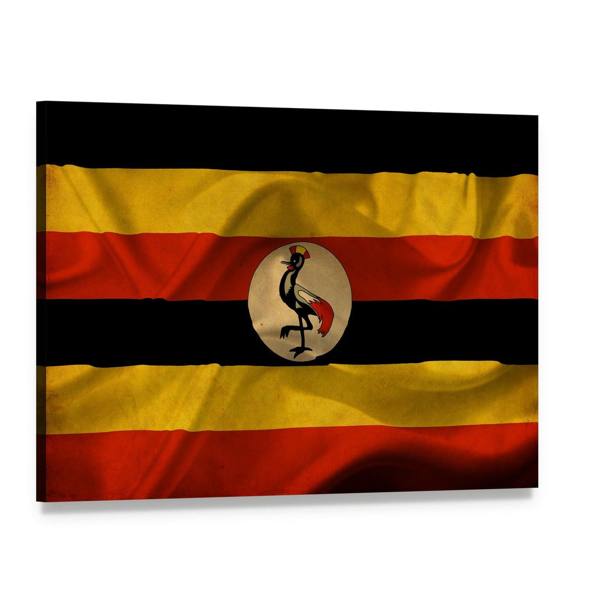 Uganda Waving Flag with Crested Crane Canvas Wall Art, single panel gallery wrapped canvas, angled product view
