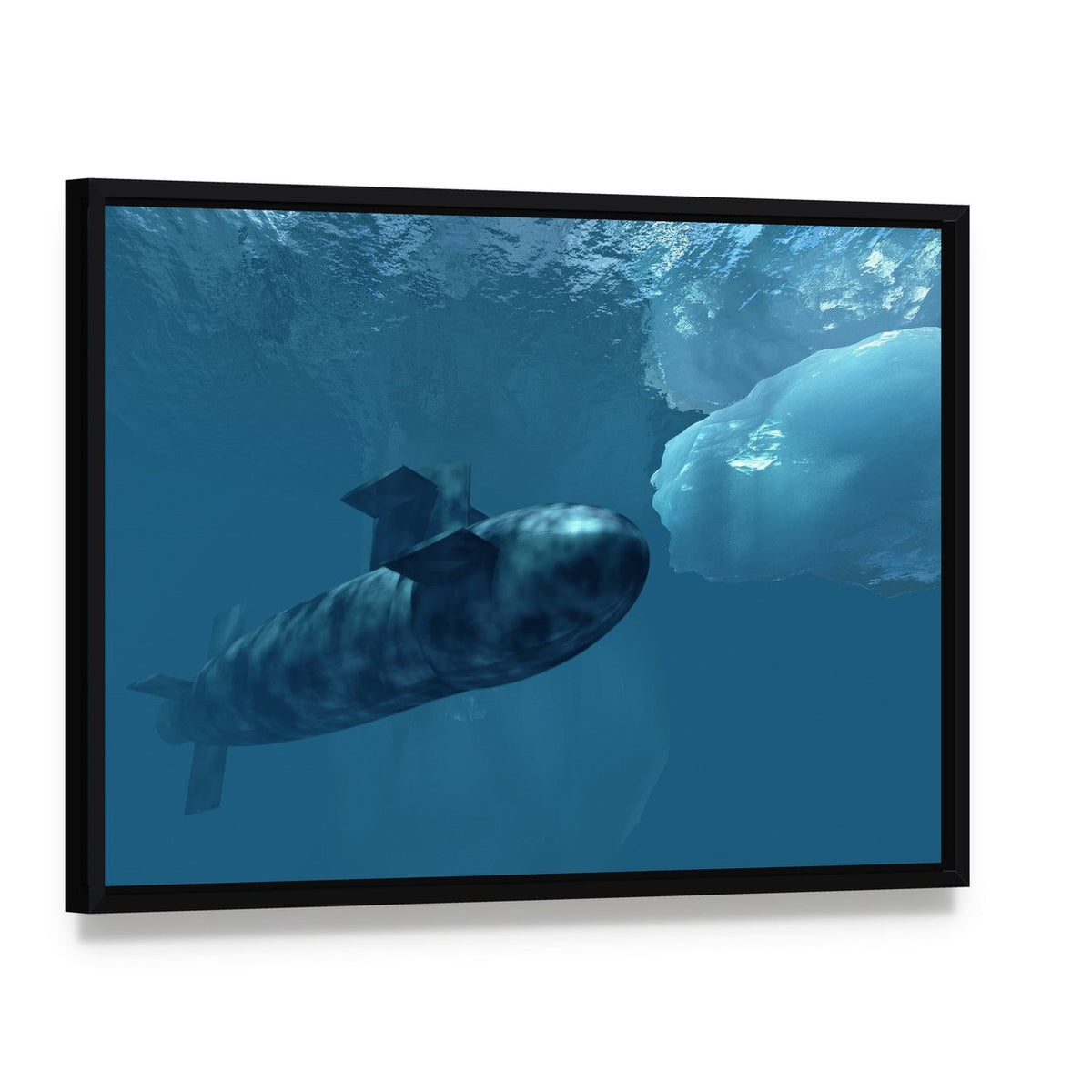 Submarine Beneath Polar Ice Canvas Wall Art, framed canvas in a black floater frame, angled product view