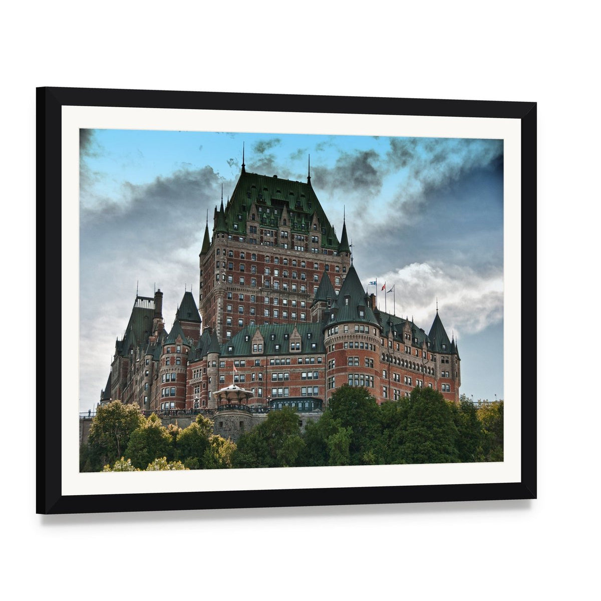 Chateau Frontenac, Quebec City Canvas Wall Art, framed print with white mat and black frame, angled product view