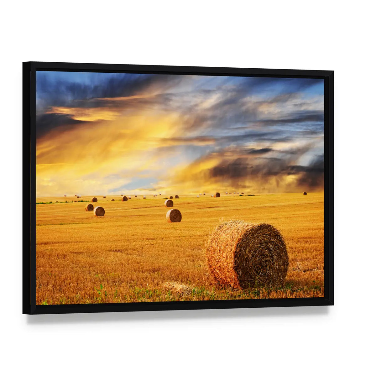 Hay Bales at Golden Sunset Canvas Wall Art, framed canvas in a black floater frame, angled product view