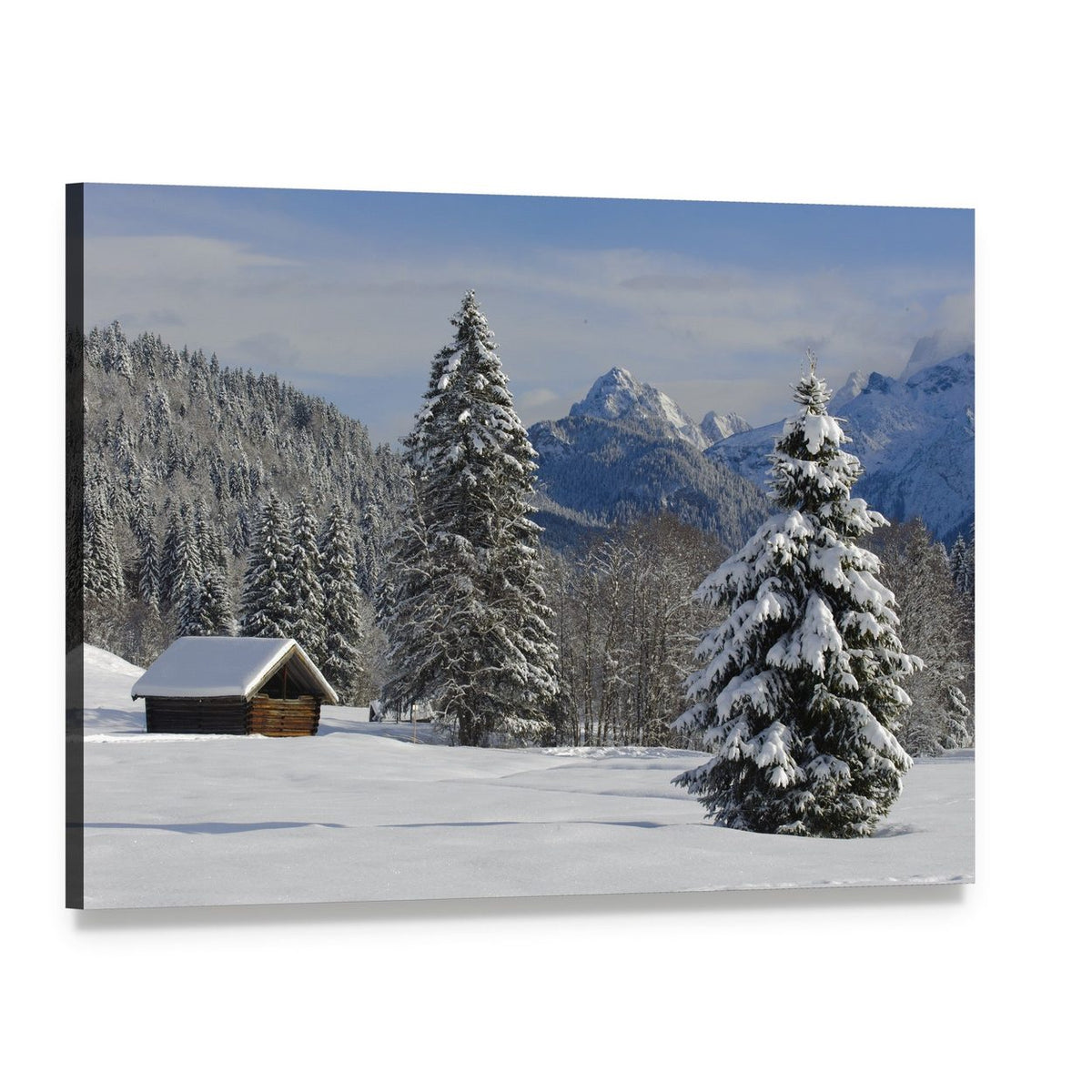 Alpine Winter Cabin Landscape Canvas Wall Art, single panel gallery wrapped canvas, angled product view