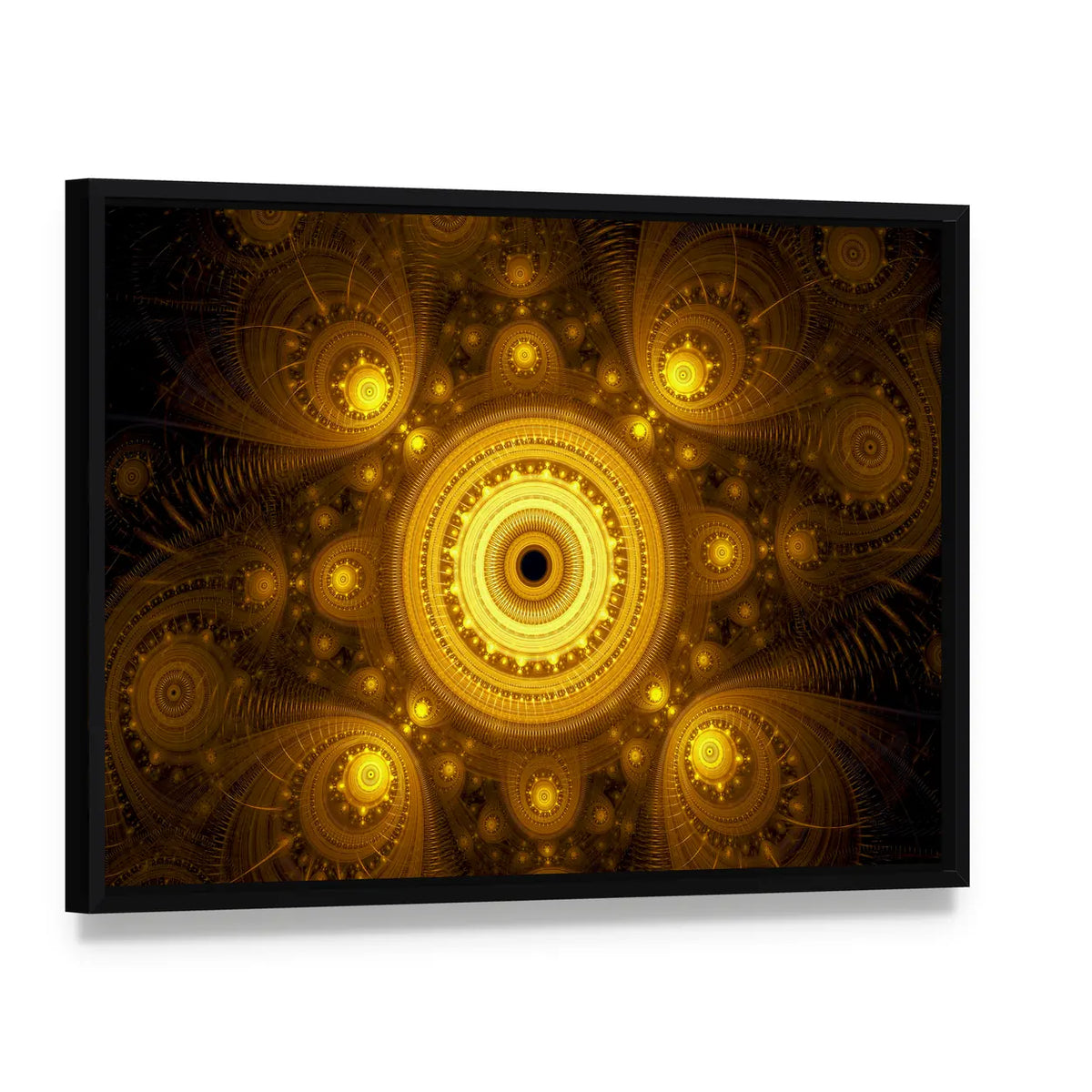 Fractal Mandala Canvas Wall Art, framed canvas in a black floater frame, angled product view
