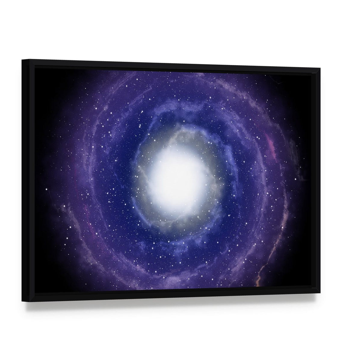 Deep Spiral Galaxy Canvas Wall Art, framed canvas in a black floater frame, angled product view
