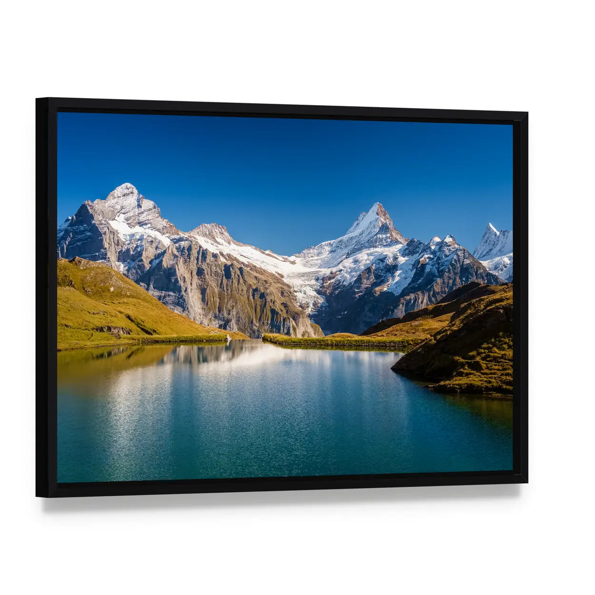 Grindelwald Bernese Alps In Switzerland Canvas Wall Art, framed canvas in a black floater frame, angled product view