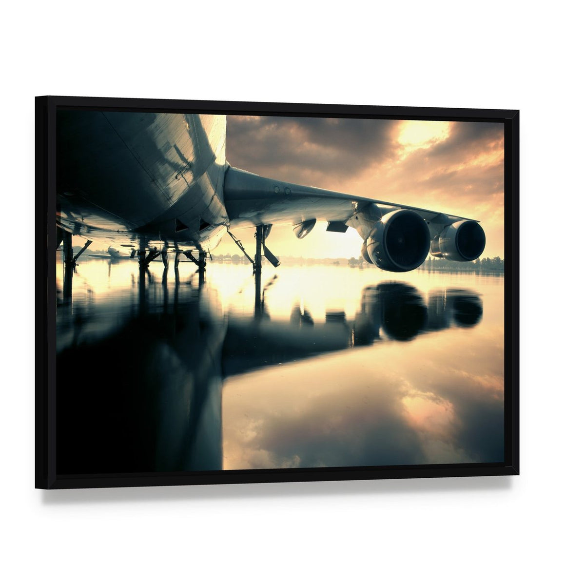 Airplane Over Water in Thailand Canvas Wall Art, framed canvas in a black floater frame, angled product view