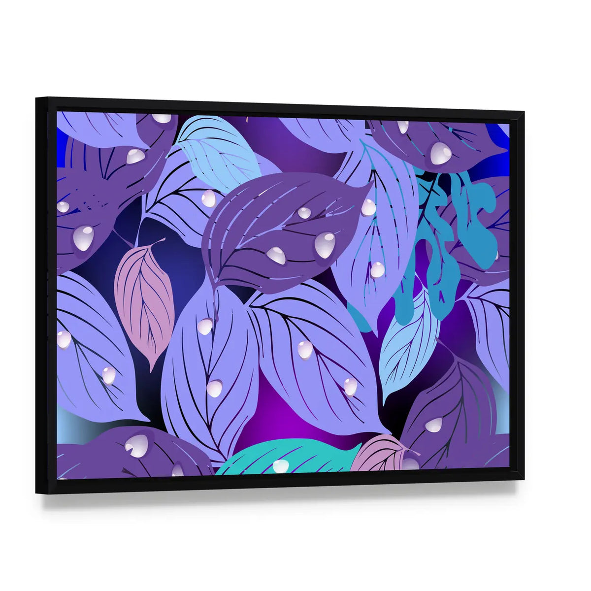 Purple Teal Leaf Texture Canvas Wall Art, framed canvas in a black floater frame, angled product view