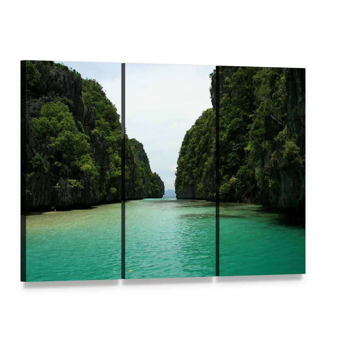 El Nido Turquoise Water and Cliffs Canvas Wall Art, 3 panel 3 Horizontal layout gallery wrapped canvas set, angled product view