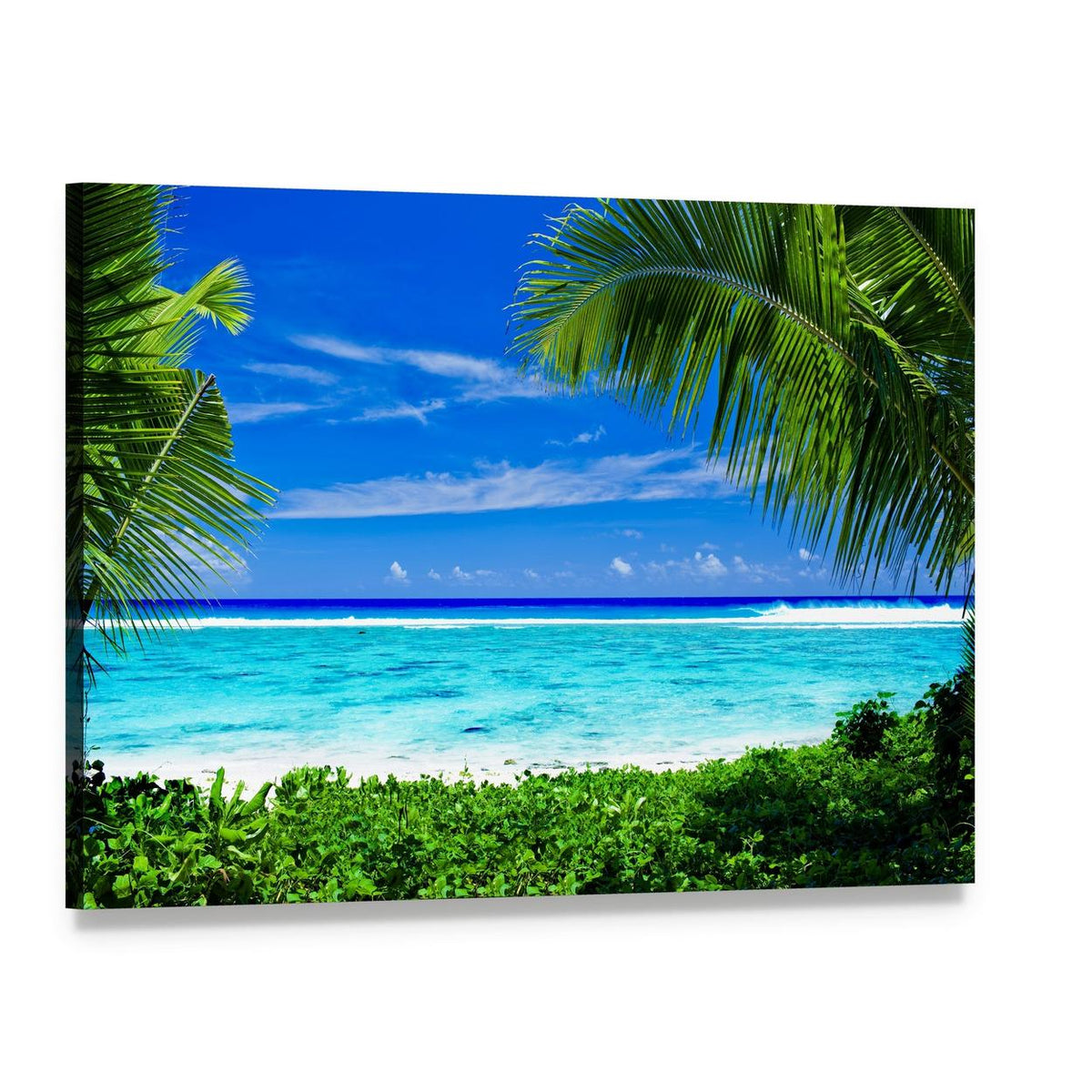 Tropical Lagoon with Palm Trees Canvas Wall Art, single panel gallery wrapped canvas, angled product view