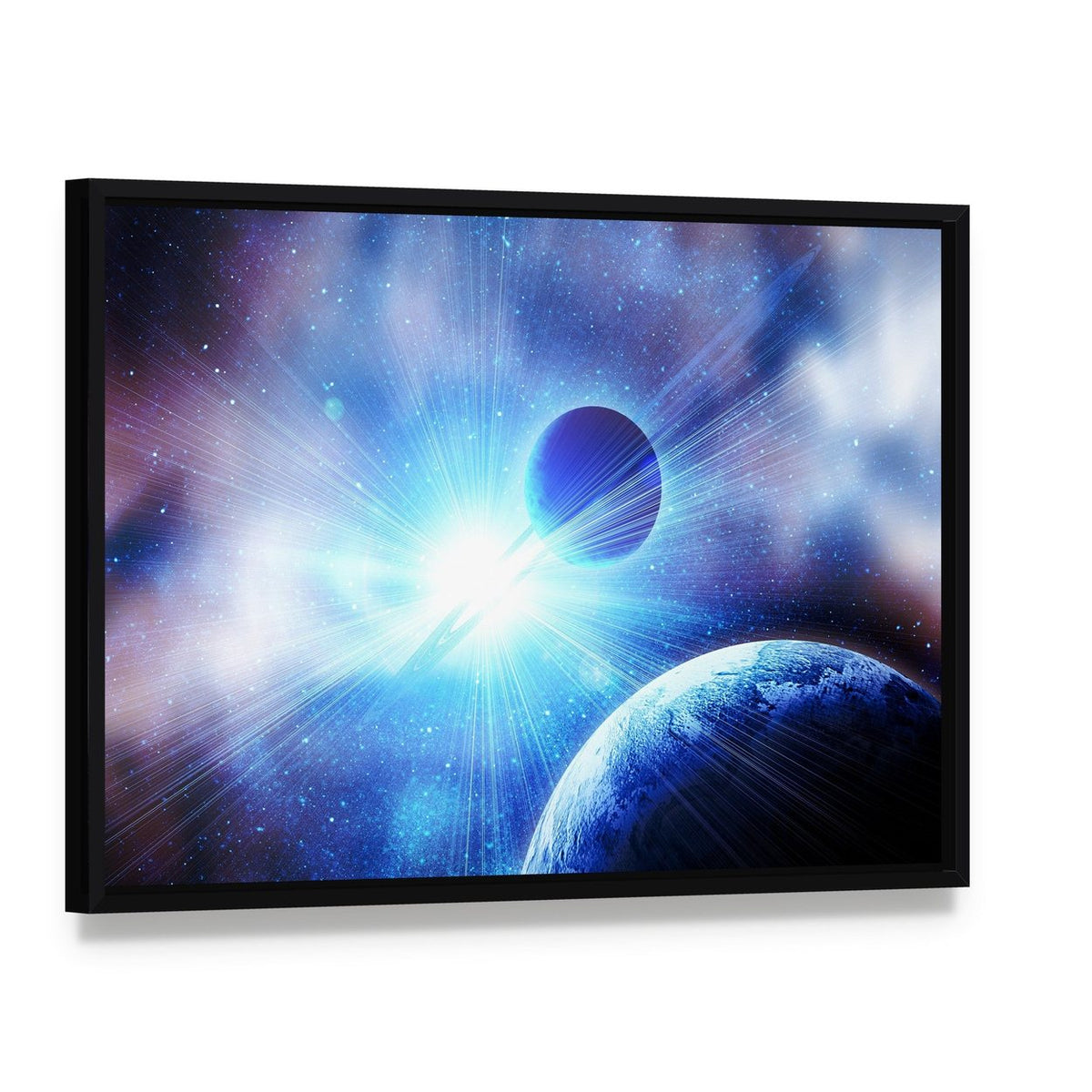 Two Planets with Bright Stars Canvas Wall Art, framed canvas in a black floater frame, angled product view