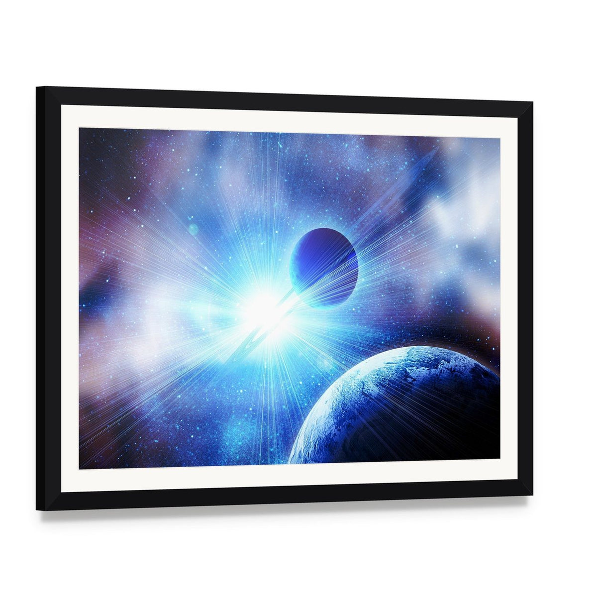 Two Planets with Bright Stars Canvas Wall Art, framed print with white mat and black frame, angled product view