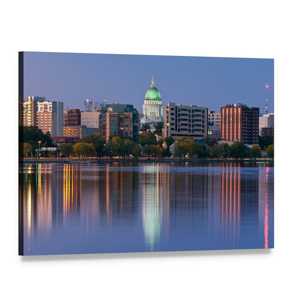 Madison Skyline at Dusk Canvas Wall Art, single panel gallery wrapped canvas, angled product view