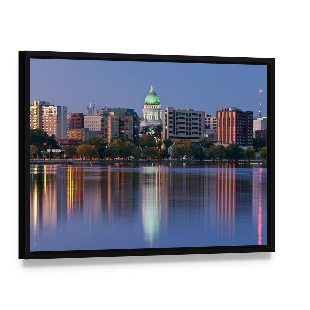 Madison Skyline at Dusk Canvas Wall Art, framed canvas in a black floater frame, angled product view