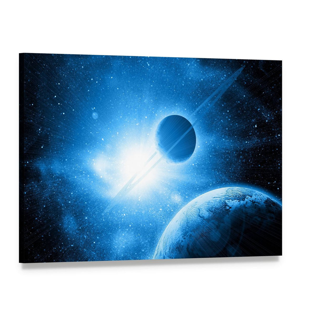 Two Planets Against the Sun in Deep Space Canvas Wall Art, single panel gallery wrapped canvas, angled product view