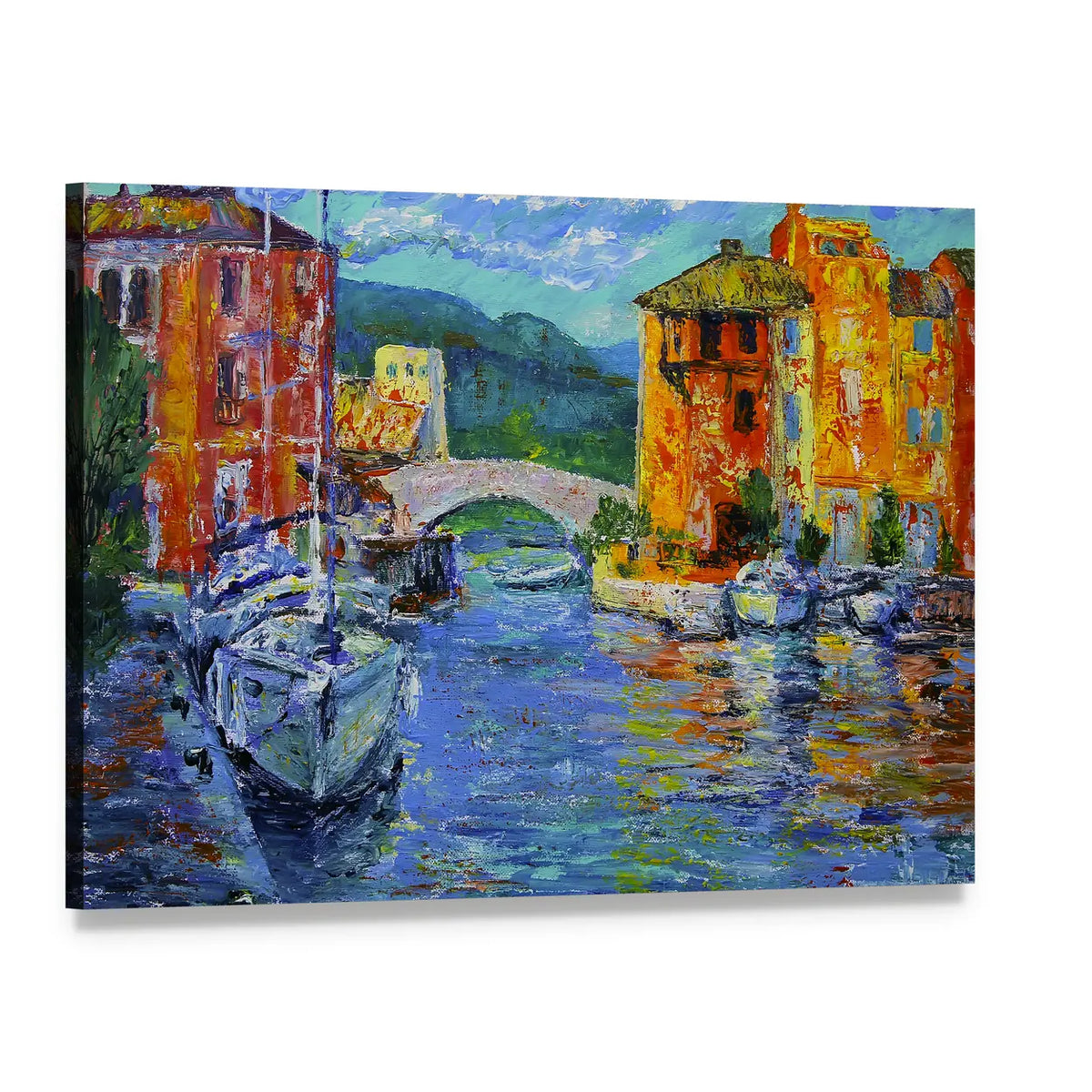 Port Grimaud Canal Scene with Sailboat Canvas Wall Art, single panel gallery wrapped canvas, angled product view