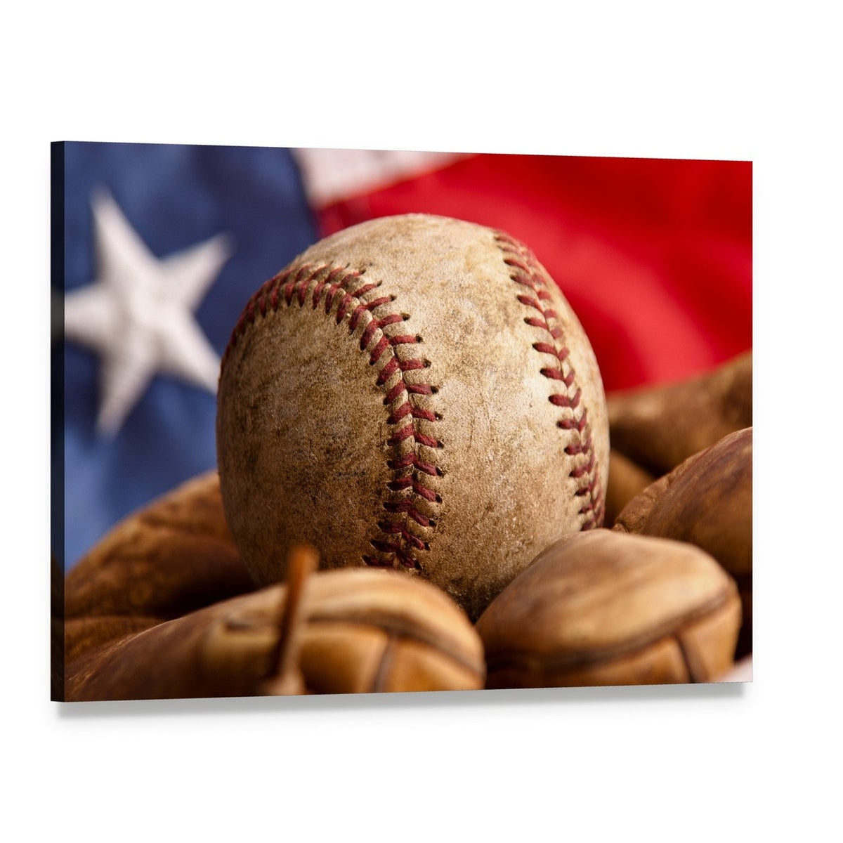 Baseball Glove and Us Flag Canvas Wall Art, single panel gallery wrapped canvas, angled product view