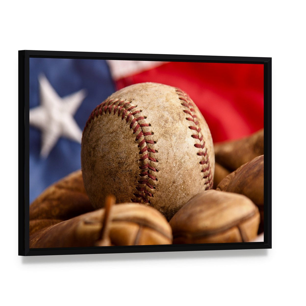 Baseball Glove and Us Flag Canvas Wall Art, framed canvas in a black floater frame, angled product view