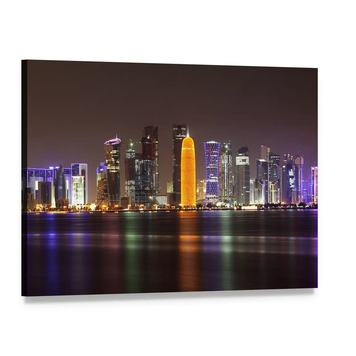 Doha Night Skyline with Waterfront Reflections Canvas Wall Art, single panel gallery wrapped canvas, angled product view