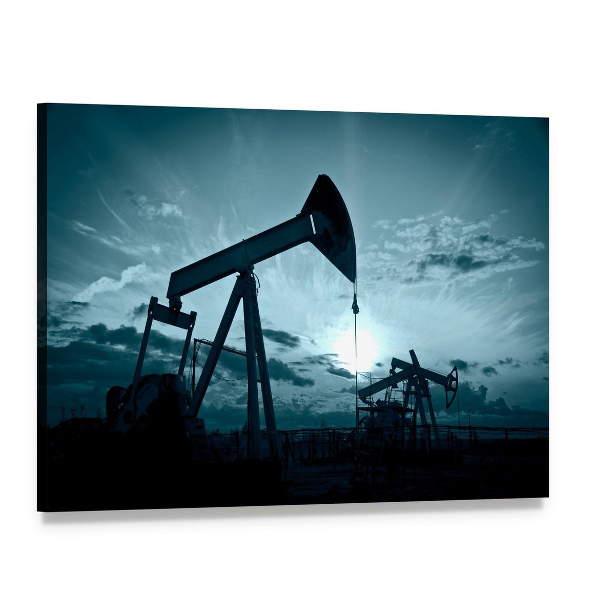 Silhouetted Oil Pumps at Sunset Canvas Wall Art, single panel gallery wrapped canvas, angled product view