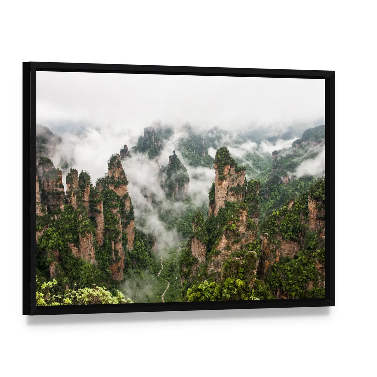Zhangjiajie Misty Sandstone Pillars Canvas Wall Art, framed canvas in a black floater frame, angled product view