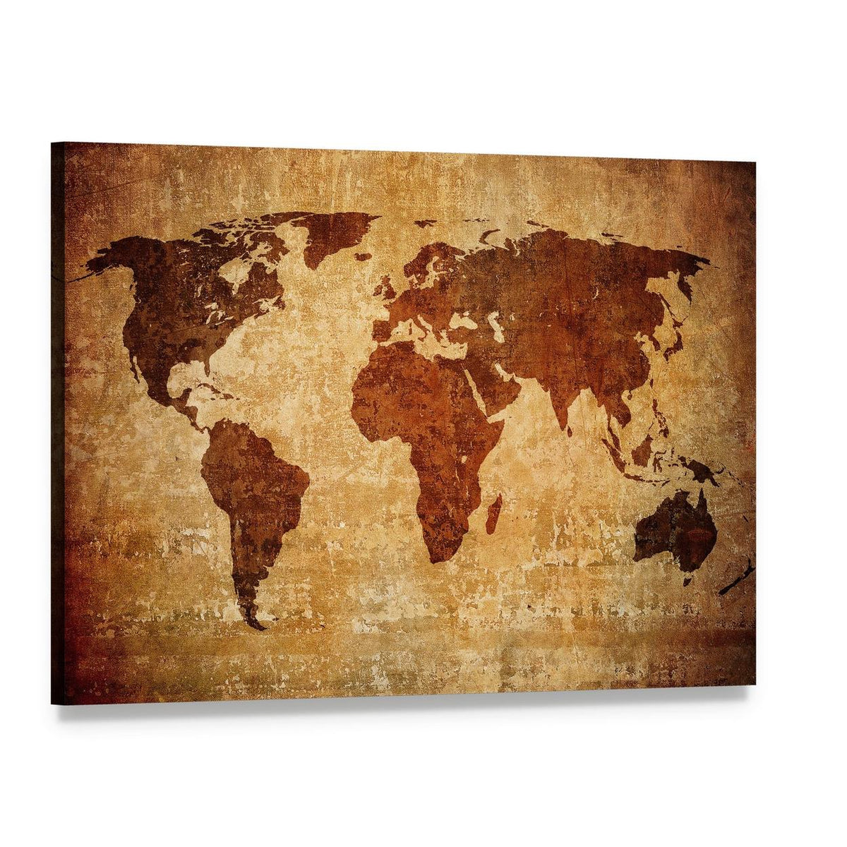 Grunge World Map Canvas Wall Art, single panel gallery wrapped canvas, angled product view