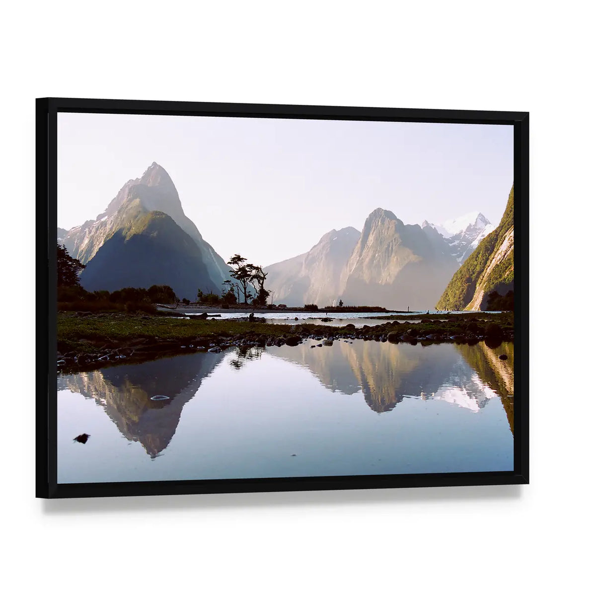 Milford Sound Early Morning Reflection Canvas Wall Art, framed canvas in a black floater frame, angled product view
