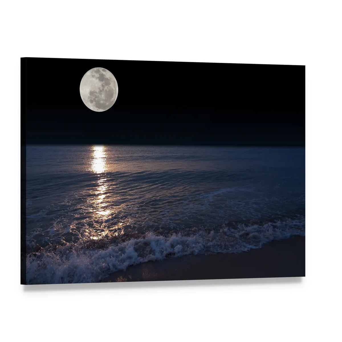 Full Moon Over Tropical Shoreline Canvas Wall Art, single panel gallery wrapped canvas, angled product view