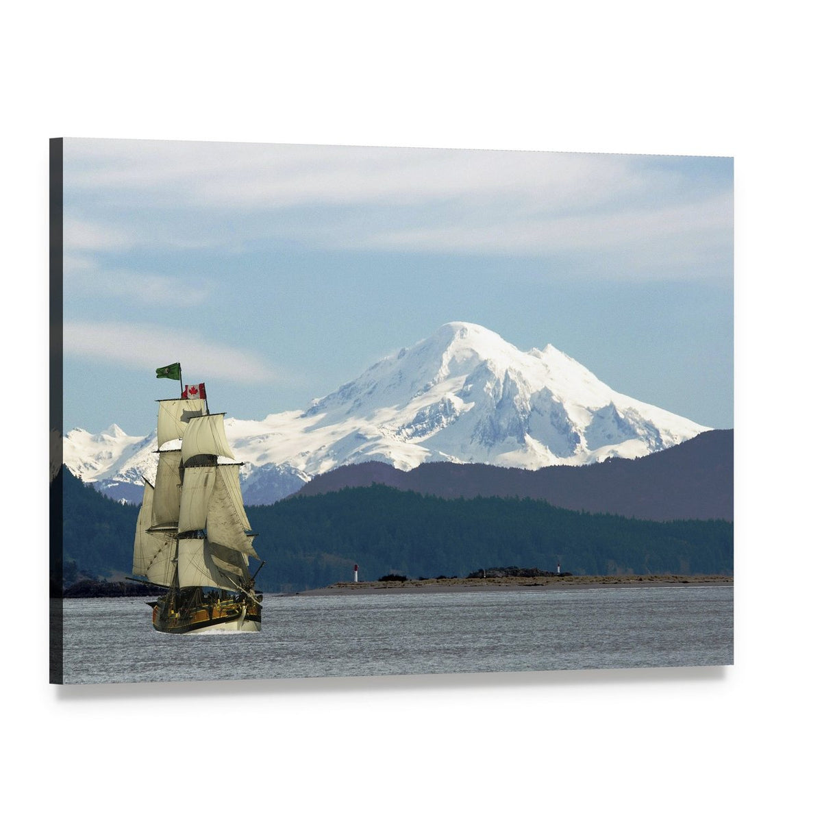 Mount Baker and Sailing Ship Canvas Wall Art, single panel gallery wrapped canvas, angled product view