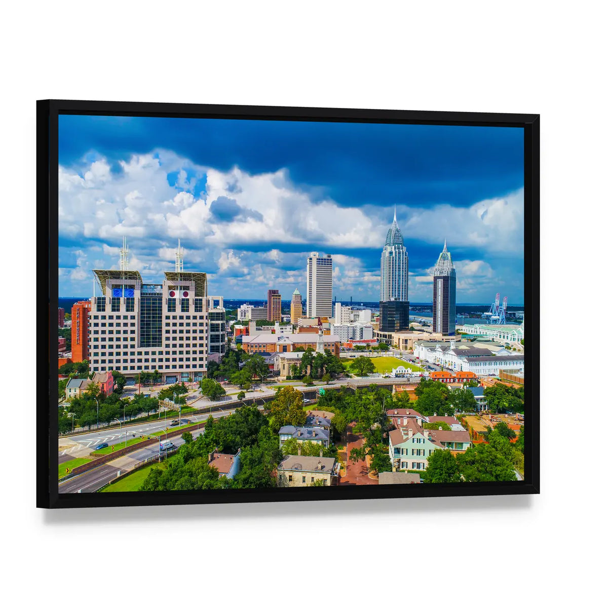 Alabama Downtown Skyline Canvas Wall Art, framed canvas in a black floater frame, angled product view