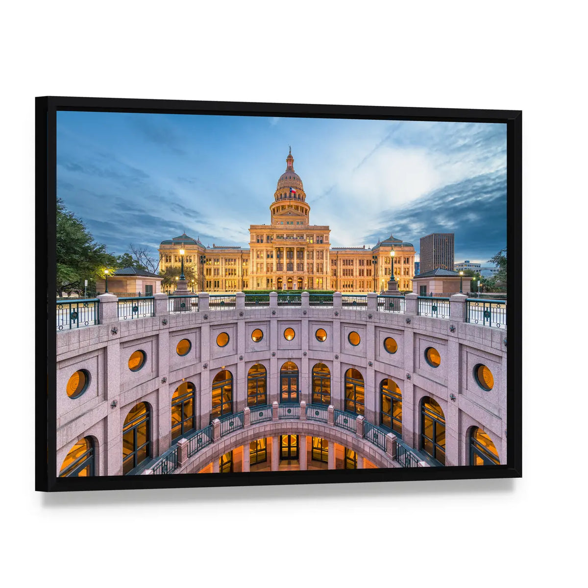 Austin State Capitol at Blue Hour Canvas Wall Art, framed canvas in a black floater frame, angled product view