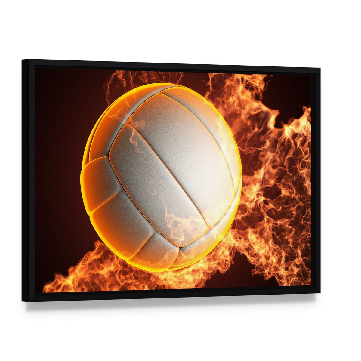 Volleyball Ball in Fire Canvas Wall Art, framed canvas in a black floater frame, angled product view