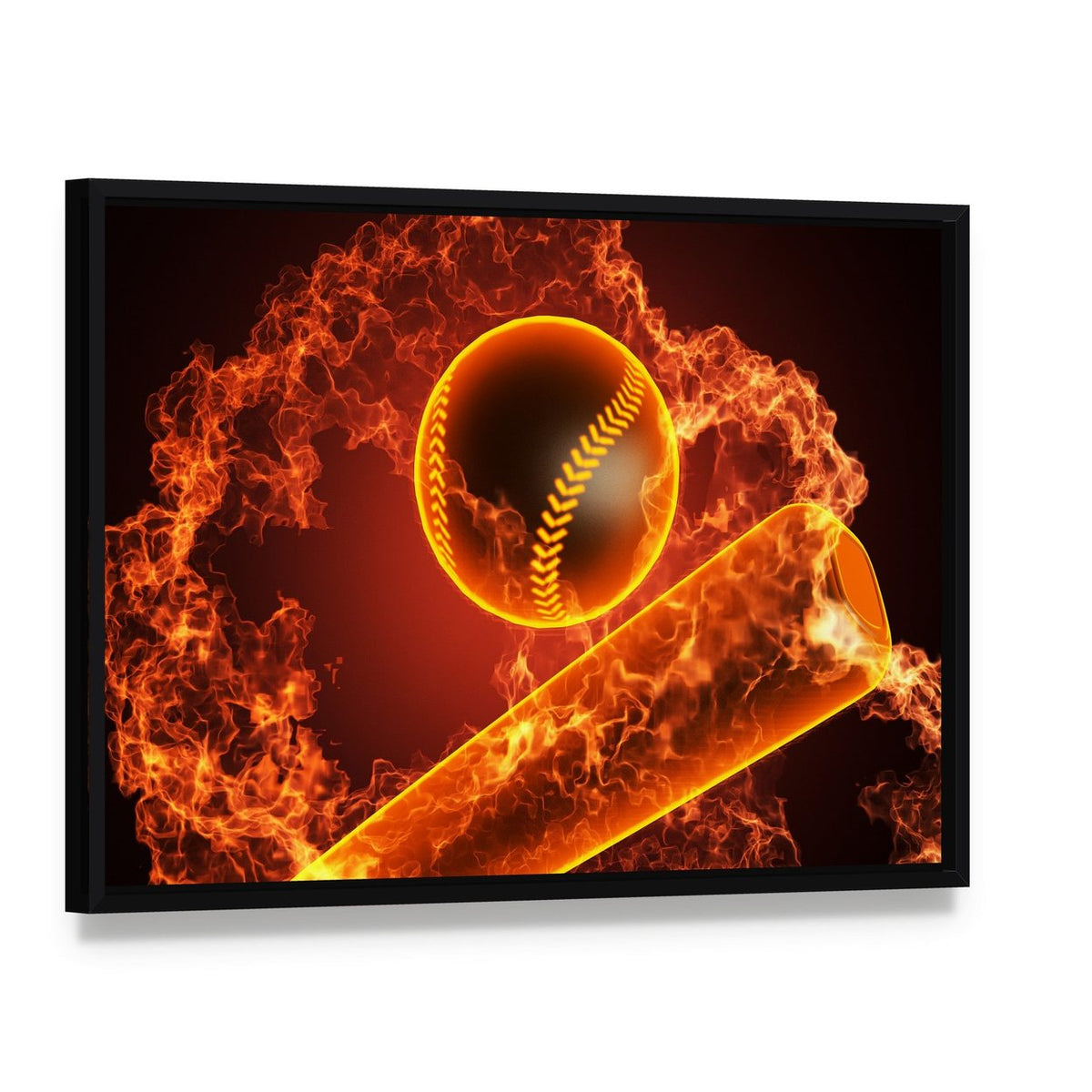 Baseball in Fire Canvas Wall Art, framed canvas in a black floater frame, angled product view