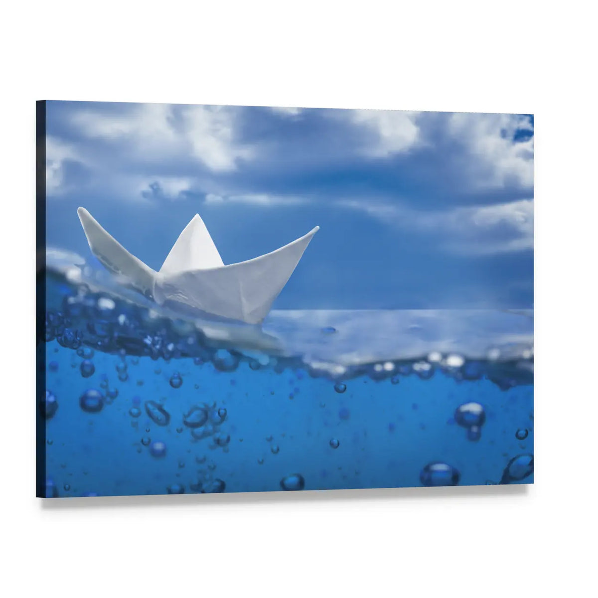Paper Boat Splash with Bubbles Canvas Wall Art, single panel gallery wrapped canvas, angled product view