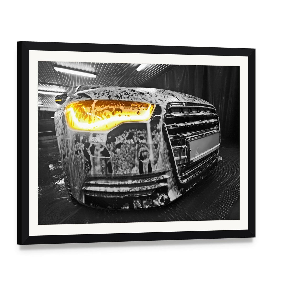 Black Car Covered in Soap Suds Canvas Wall Art, framed print with white mat and black frame, angled product view