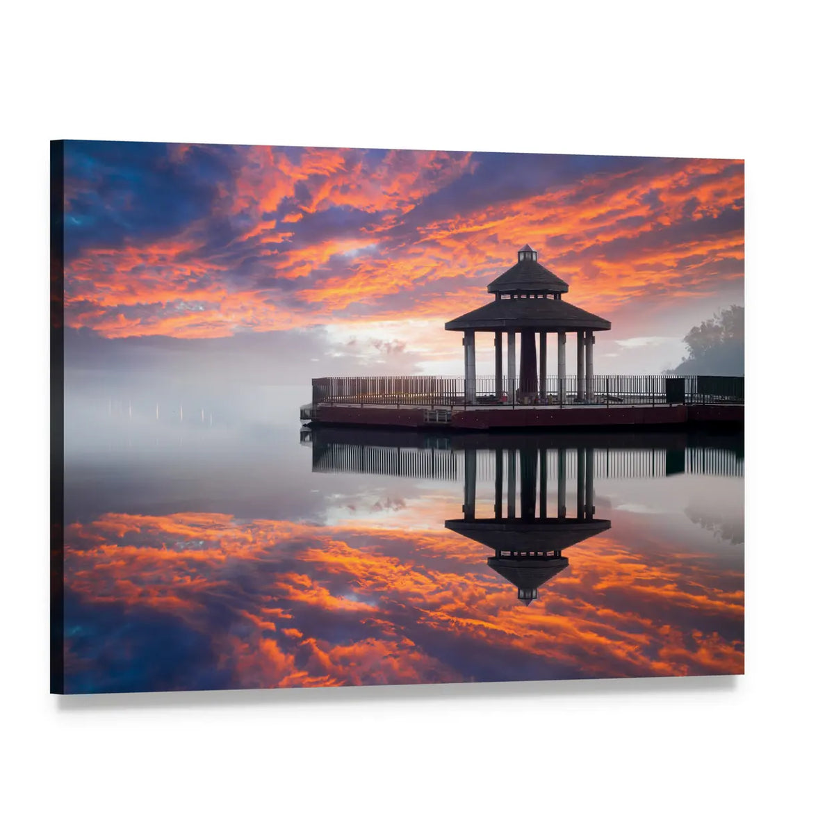 Sun Moon Lake Gazebo Sunset Reflection Canvas Wall Art, single panel gallery wrapped canvas, angled product view