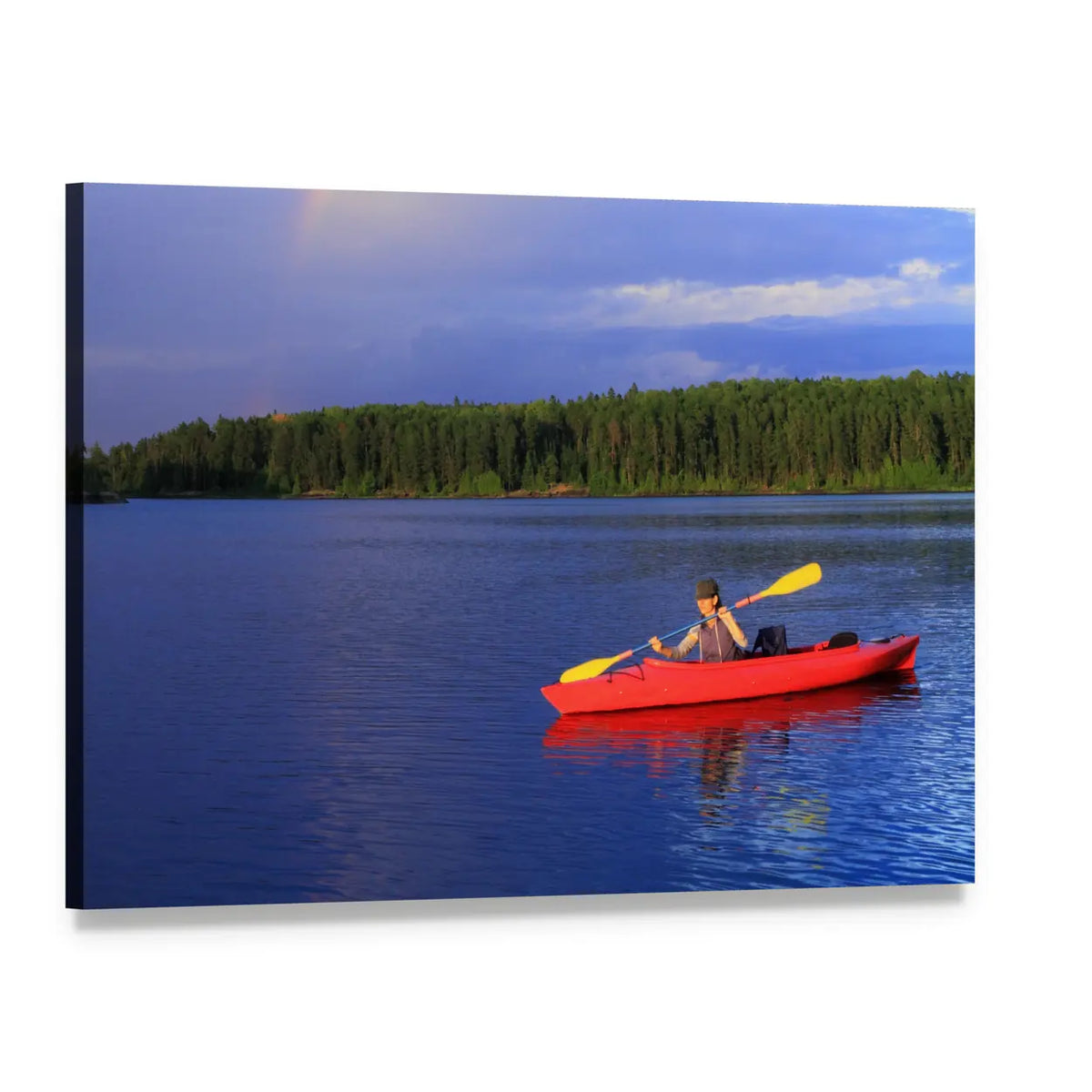 Red Kayak on Calm Blue Lake Canvas Wall Art, single panel gallery wrapped canvas, angled product view