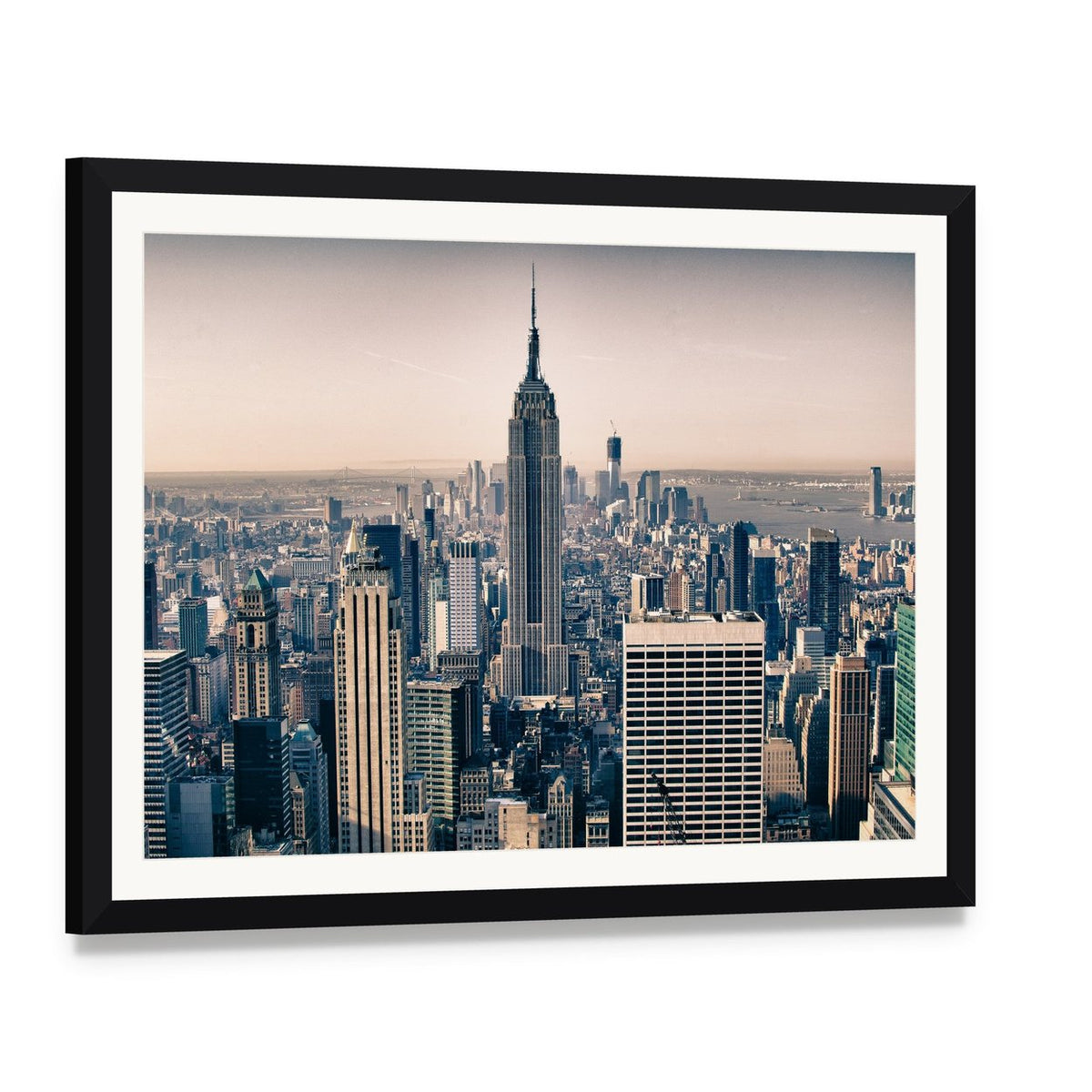 Empire State Building Among Nyc Skyscrapers Canvas Wall Art, framed print with white mat and black frame, angled product view