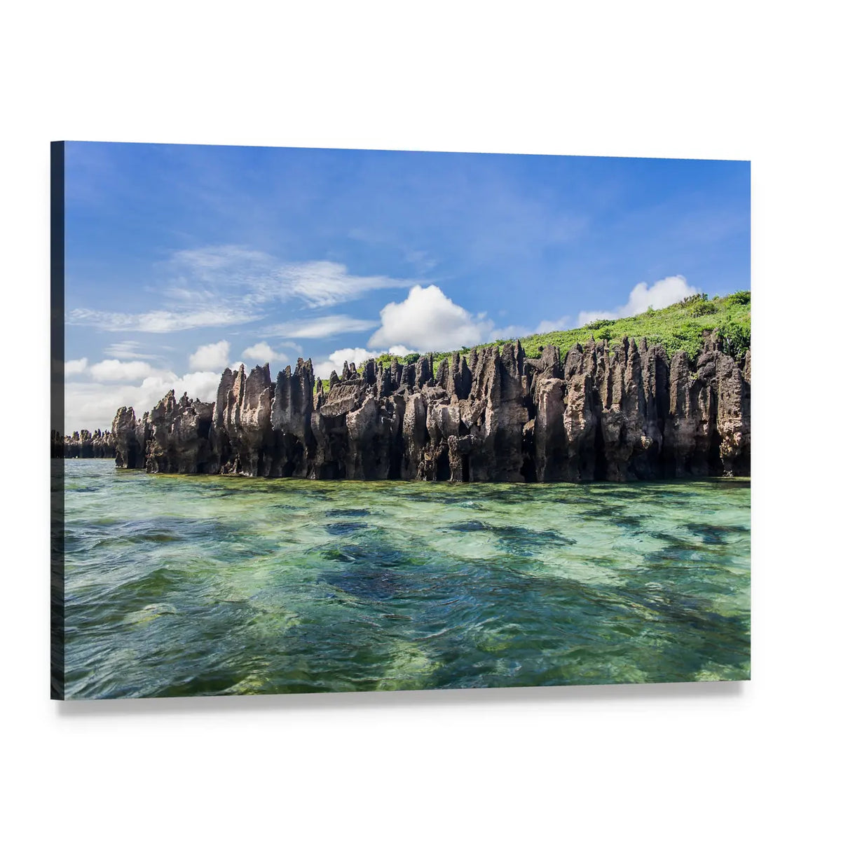Coastal Cliffs Over Emerald Sea Canvas Wall Art, single panel gallery wrapped canvas, angled product view