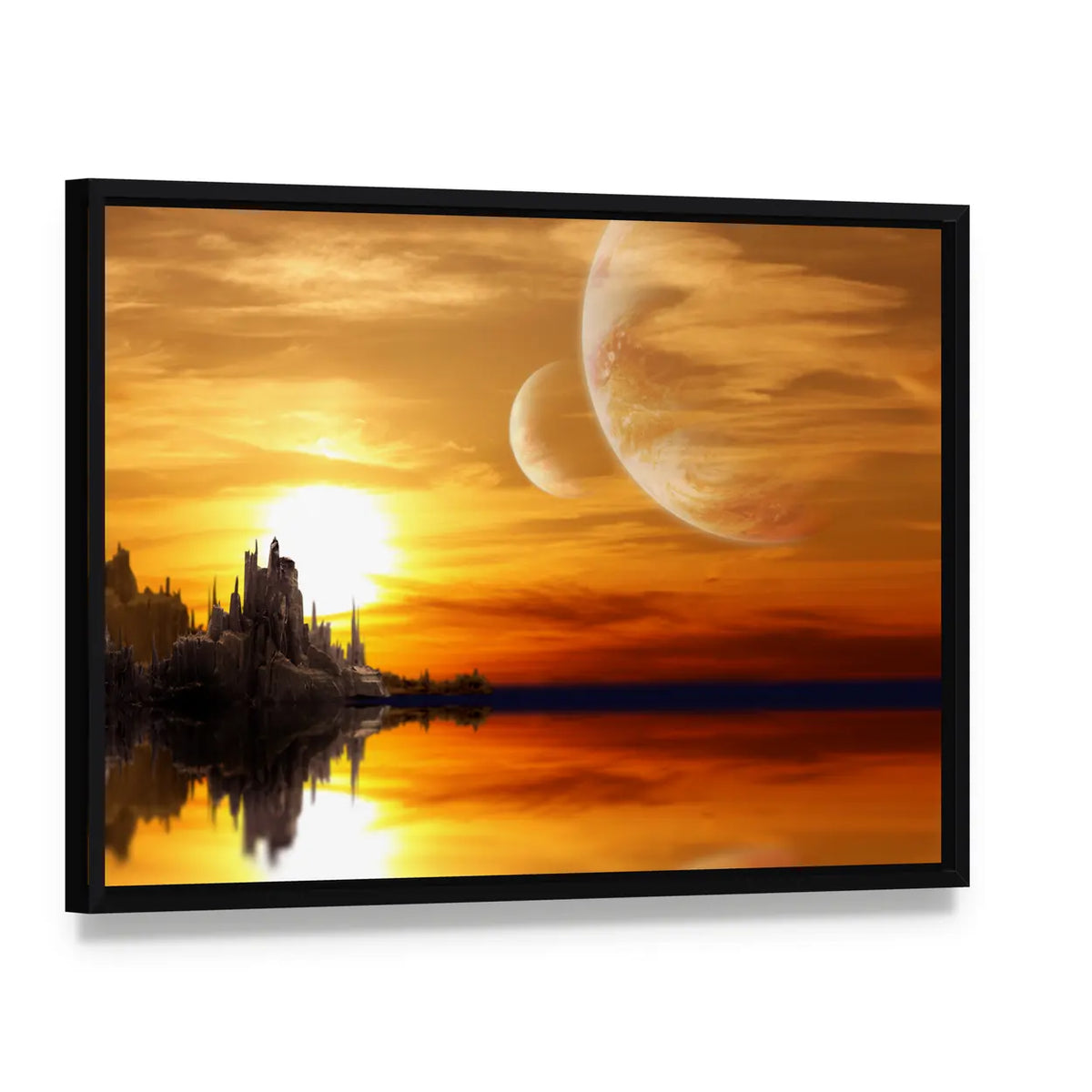 Alien Planet Sunset with Twin Moons Canvas Wall Art, framed canvas in a black floater frame, angled product view