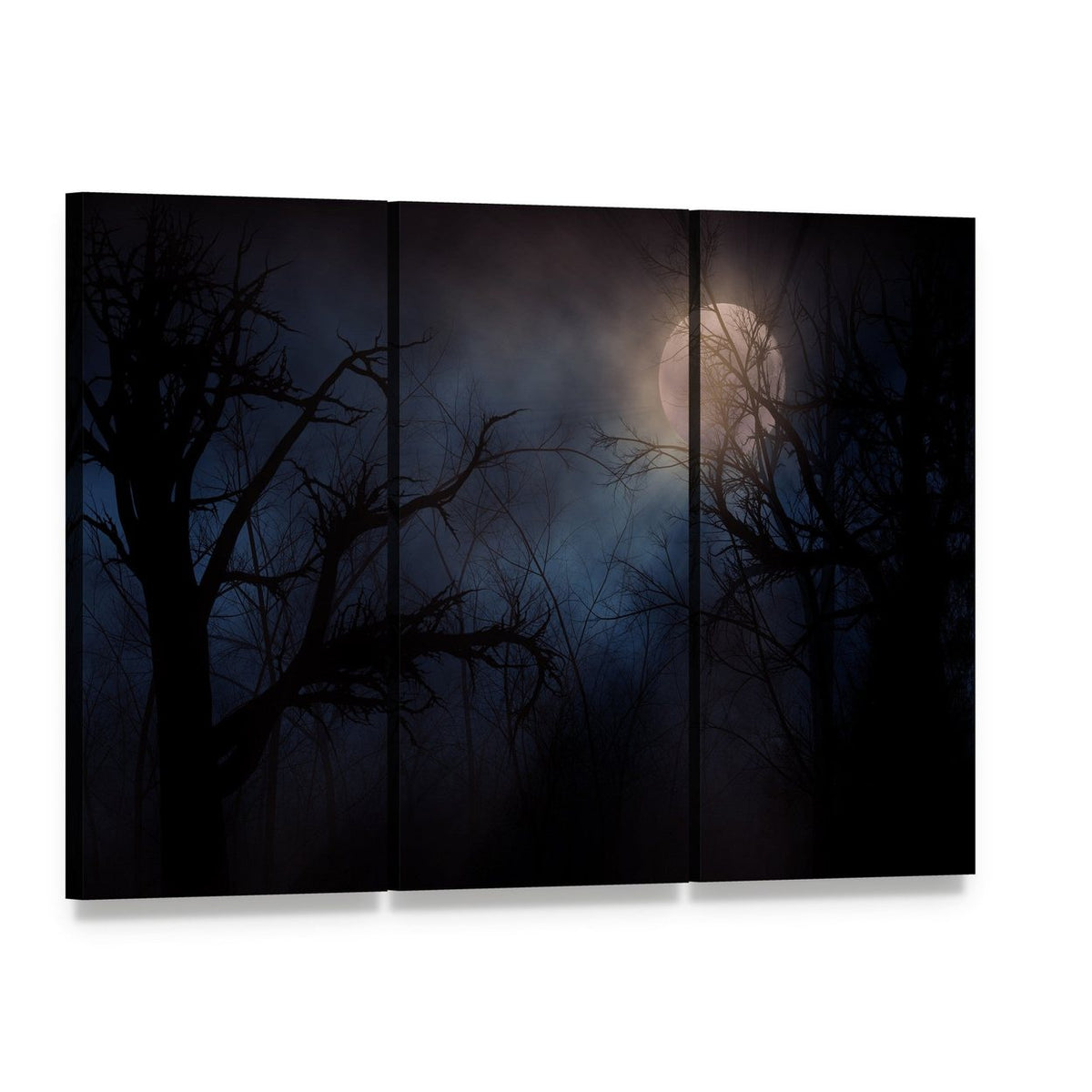 Haunted Trees Under Moon Canvas Wall Art, 3 panel 3 Horizontal layout gallery wrapped canvas set, angled product view
