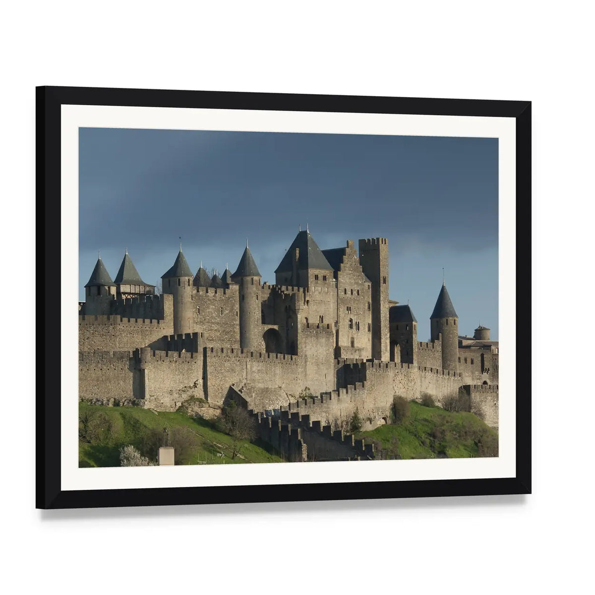 Carcassonne Fortress, France Canvas Wall Art, framed print with white mat and black frame, angled product view