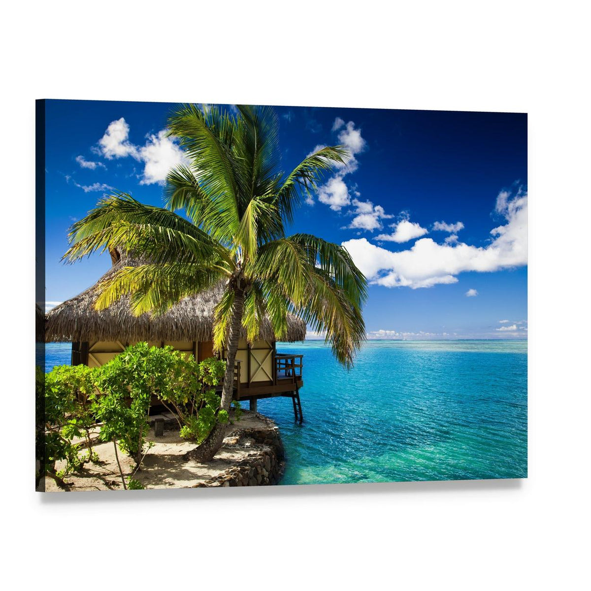 Tropical Bungalow with Palm Trees Canvas Wall Art, single panel gallery wrapped canvas, angled product view