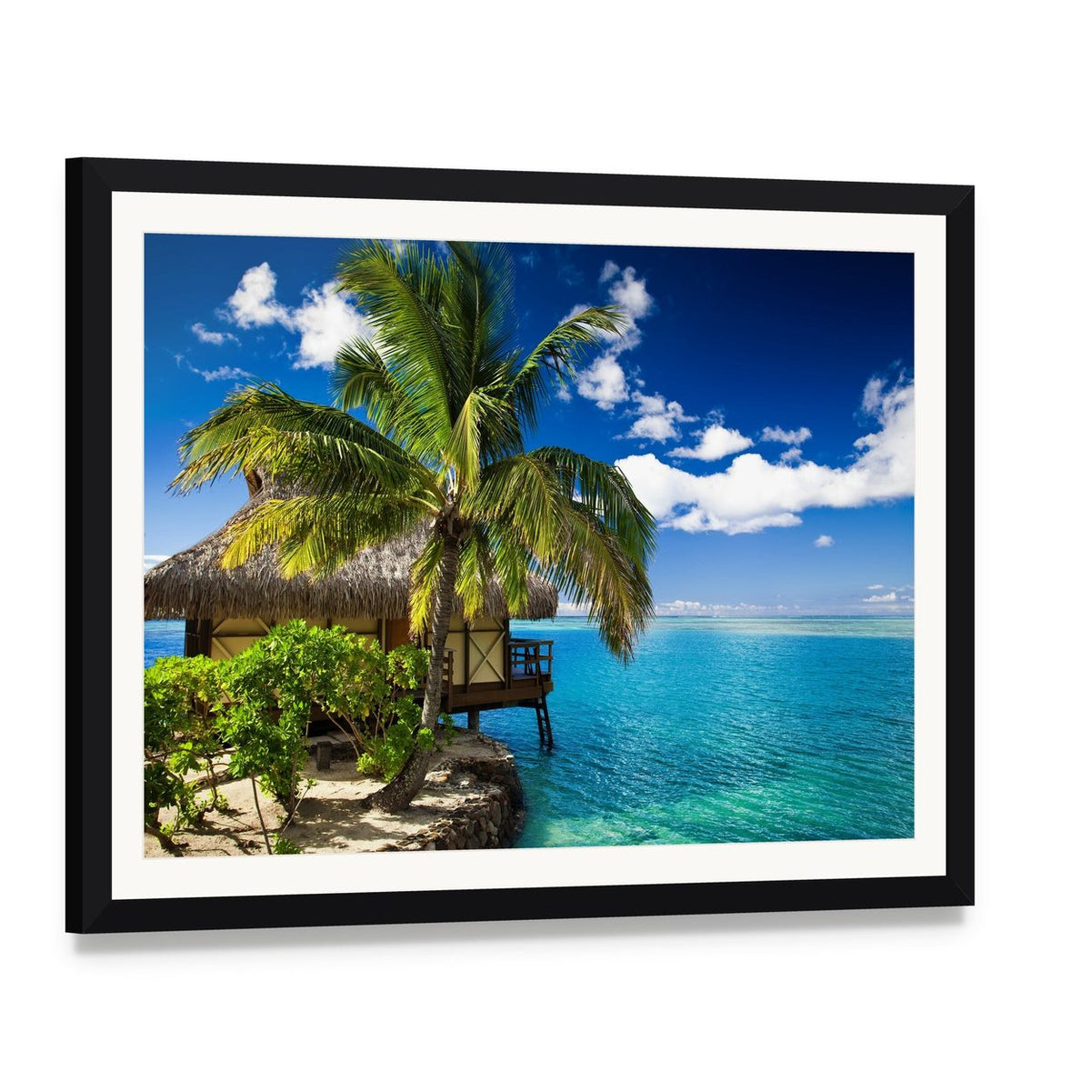 Tropical Bungalow with Palm Trees Canvas Wall Art, framed print with white mat and black frame, angled product view