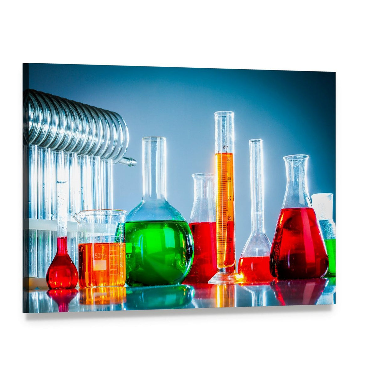Colorful Test Tubes and Beakers Canvas Wall Art, single panel gallery wrapped canvas, angled product view