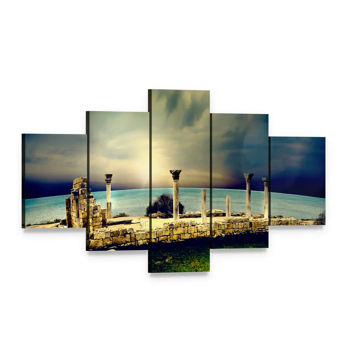 Ancient Greek City Ruins Canvas Wall Art, 5 panel 5 Star layout gallery wrapped canvas set, angled product view